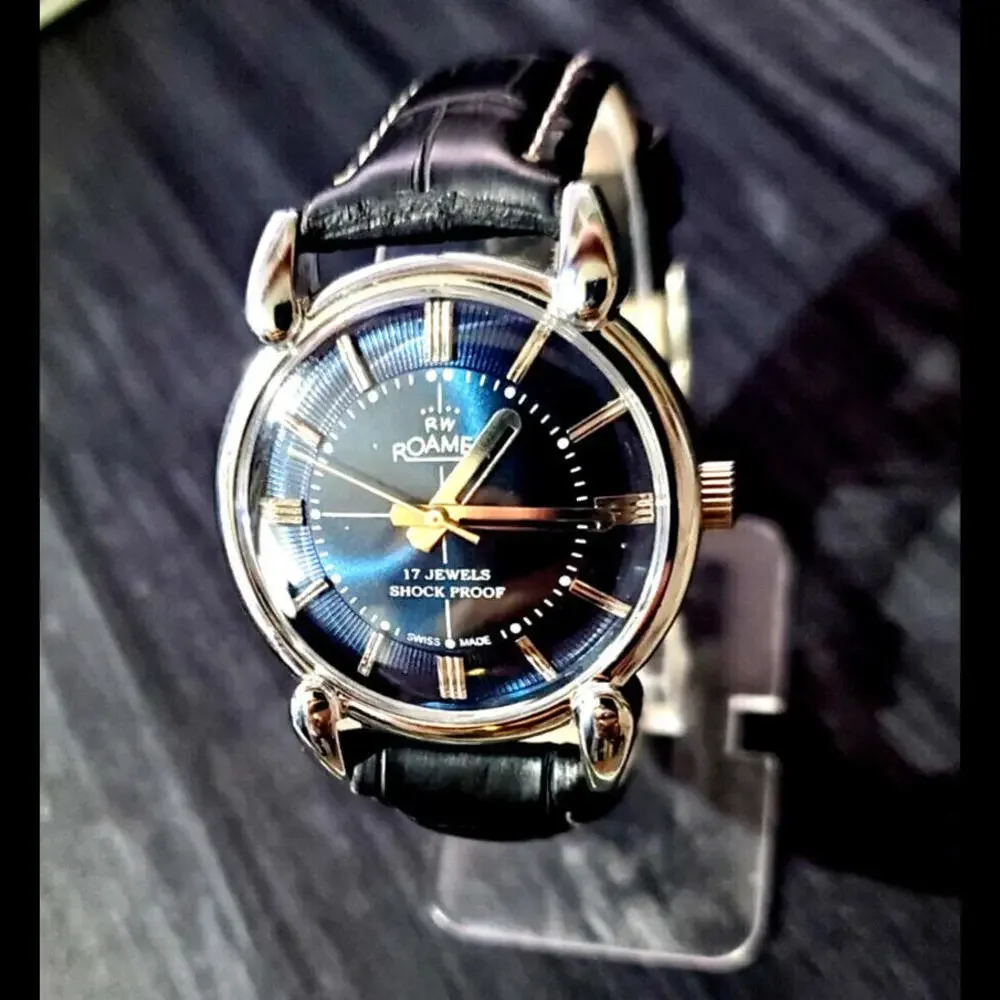 Rare Roamer Brevete Swiss Mens Manual Watch Slv Blu‎ Blk